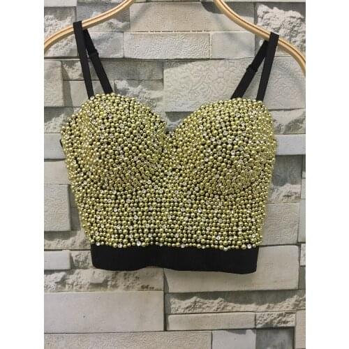 P147 New Fashion Summer Sexy Gold Bead Pearls High-end Hand-made Push Up Bralette Womens Bustier Bra Cropped Top Vest Plus Size