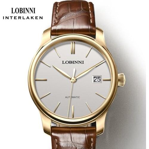 LOBINNI New Mens Classic Mechanical Watches Business Waterproof Clock Luxury Brand Genuine Leather Automatic Watch