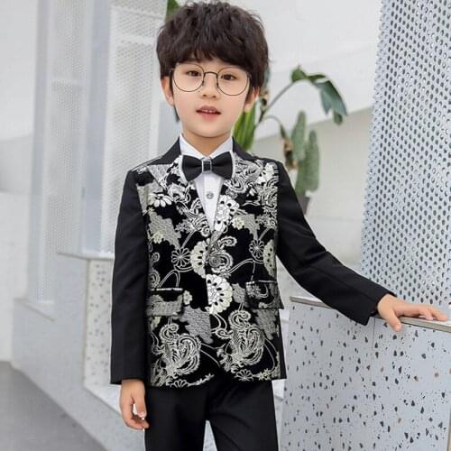 Childrens Day Performance Graduation Dress Boys Silver Pressed Jacket+Pants 2Pcs Clothing Set Kids Luxurious Wedding Suit