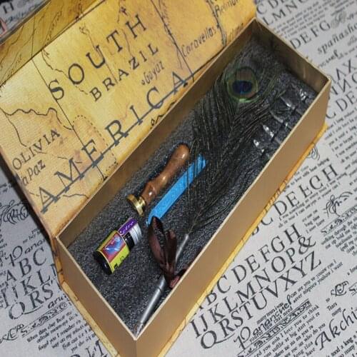 Natural Peacock Feather Dip Pen Set