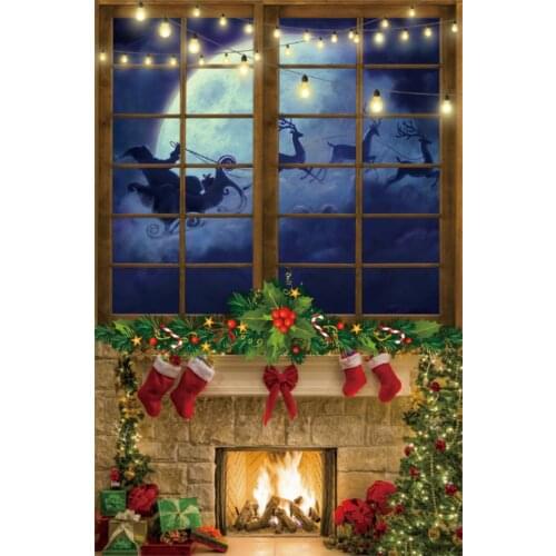 Photo Backdrops Merry Christmas Festivals Old Stone Fireplace Sock Wreath Bulb Window Santa Clause Party Scenic Photo Background