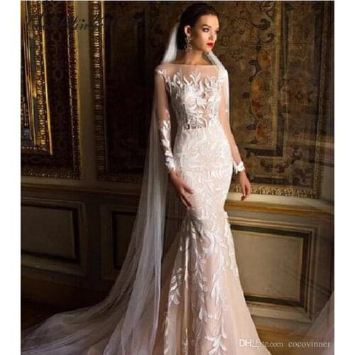 Quality Mid East Mermaid Wedding Dresses Full Sleeves Embroidery applique Plus Size Illusion Sexy Wedding Gown W0218