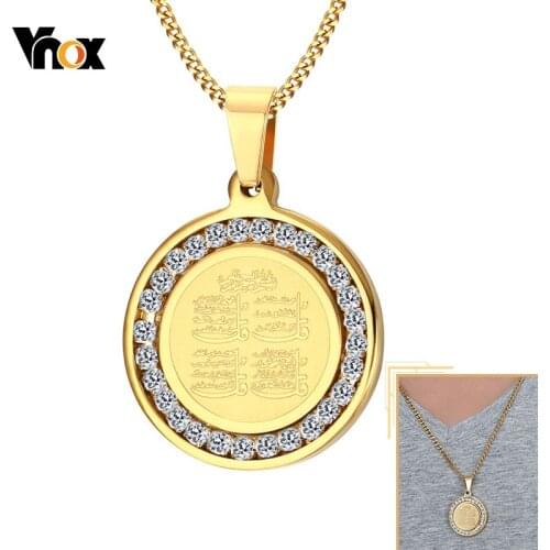 Vnox Classic Islamic Necklaces for Women Men, Gold Tone Round Pendant Religious Jewelry with Shiny AAA Cubic Zirconia Stones