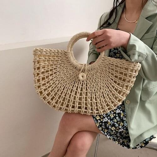2021 Summer Handmade Half-Round Rattan Woven Straw Bag Sea Beach Top Handle Handbags Hollow Out Large Capacity Zipper Totes