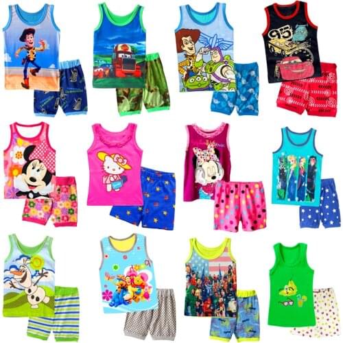 Summer 2 Pieces Children Minnie Mickey Toddler Kids Clothes Set anna elsa Girls boys 95 cars toys Cartoon Outfit Clothing Sets