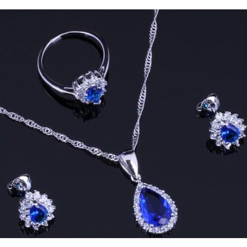 Alluring Blue Cubic Zirconia White CZ Silver Plated Jewelry Sets Earrings Pendant Chain Ring V0329