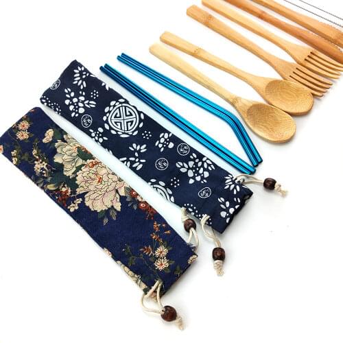 Portable Eco Friendly Flatware Set 7PCS Bamboo Cutlery Set Knife Fork Spoon Reusable Straws Chopsticks Bamboo Travel Utensils