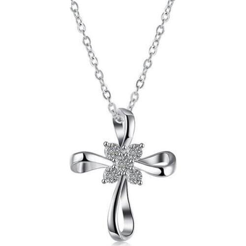 NEW Drop Shipping 925 Silver colorChain Necklaces Rhinestone Cross Pendants&Necklaces Jewelry Collar Colar de Plata