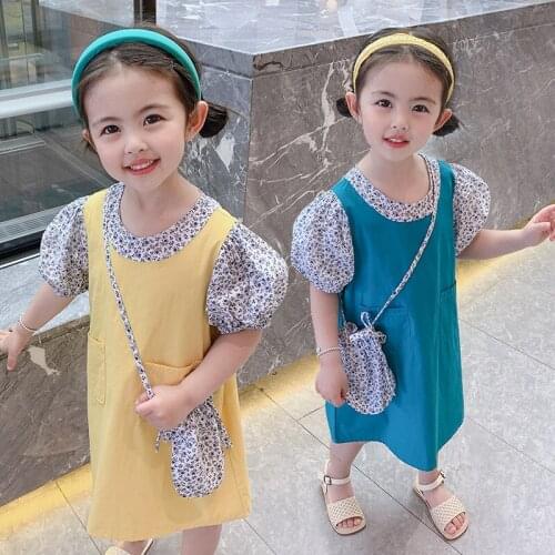 2-6 Years Toddler Girl Clothes 2021 New Summer Dress Fashion Floral Dresses Cute Puff Sleeve Sweet Princess Baby Dress Send Bag