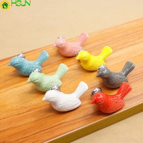 Cute Cartoon Kids Knobs Colour Ceramic Bird Drawer Shoe Cabinet Knob Pull Red Pink Yellow Blue Green White Gary Children Handle