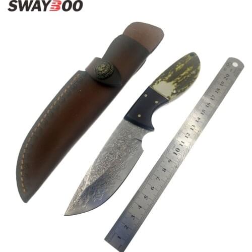 Handmade forged Damascus Steel hunting knife fixed knife Rosewood+ Antler with cowhide leather cover