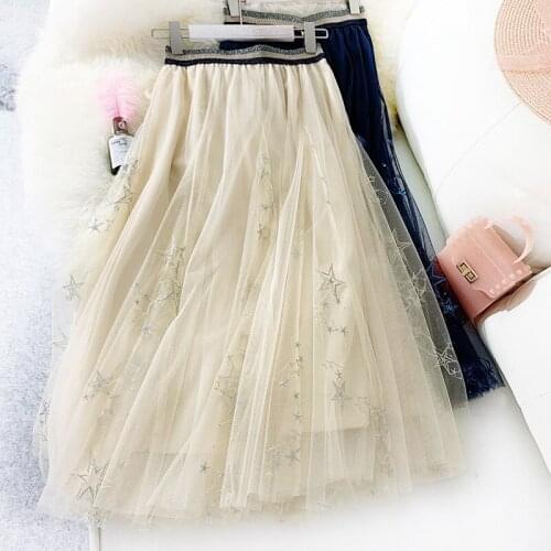Maxi Tulle Skirt Women For 2020 Spring Summer Korean Ladies Blue Black Gradient High Waist Long Pleated Skirt Female