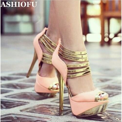 ASHIOFU Handmade New Womens Stiletto Sandals Straps Sexy Party Platform Summer Shoes Evening High Heel Fashion Sandals Shoes