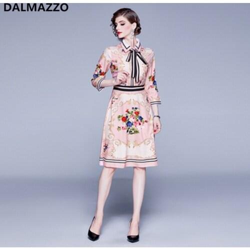 2021 Newest Fashion Designer Women Bow Turn Down Collar Shirt Sleeve Knee Length Dress Spring Print Big Size Runway Vestidos 2XL