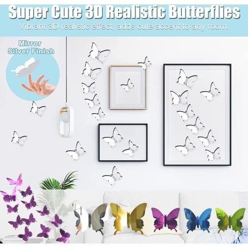 12pcs 3D Butterfly Mirror Surface Wall Sticker Multicolor Stereo Butterflies Mural Wall Decal Party Home Wedding Decor Wallpaper