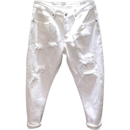 2020!Versatile fashion ripped pants slim stretch pants young white jeans man