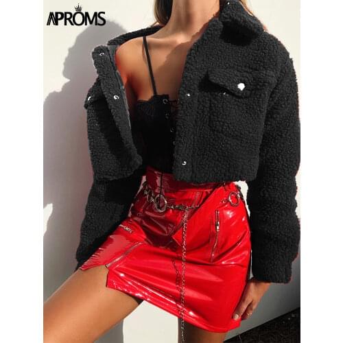 Aproms Fashion Black Pockets Buttons Jackets Women Long Sleeve Slim Crop Top Winter Coat Cool Girls Streetwear Short Jacket 2021
