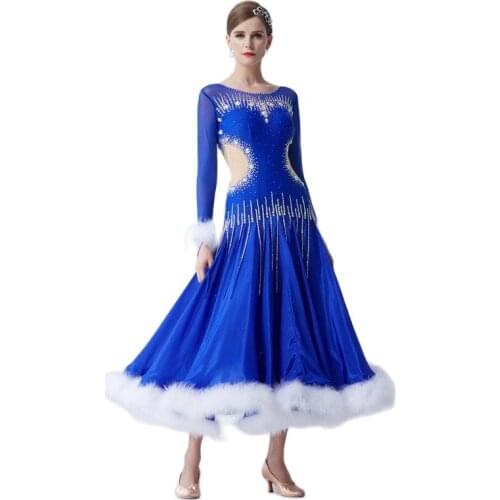 B-19591 Customize ballroom dance dress blue modern dance competition dress with big pendulum pearl silk and white rabbit feather