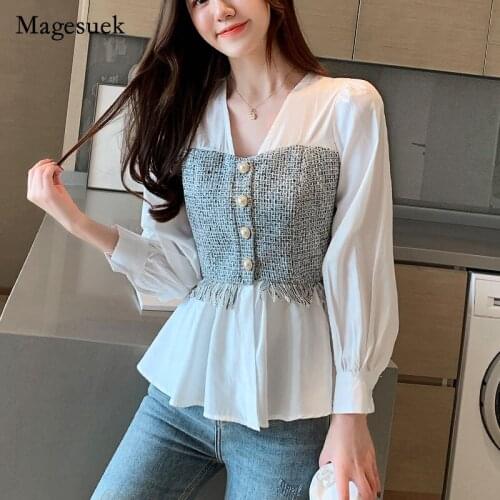 Fashion Korean Style Spliced Chiffon Long Sleeve Women Blouse Solid White Shirt Office Lady Tops V-neck Feminina shirt 8110 50