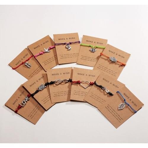 1PC Simple Heart Love Feet Bee Owl Infinite "8" Adjustable Rope Chain Bracelet With MAKE A WISH Cardboard Charm Jewelry Gift