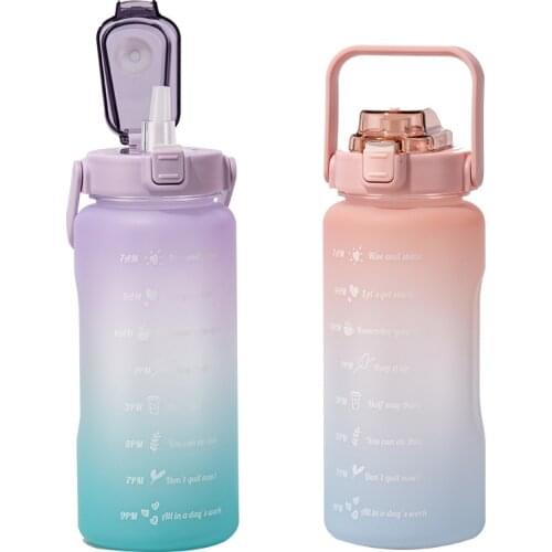 2L Large Capacity Water Bottle With Bounce Cover Time Scale Reminder Frosted Leakproof Cup For Outdoor Sports Fitness