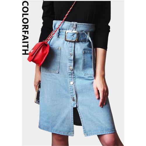 Colorfaith 2019 New Autumn Spring Women Strap Skirt Casual Spaghetti Buttons Belt Denim High Waist Pockets Midi skirt DR6215