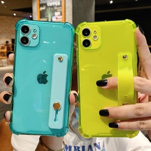 Color Transparent Wrist Strap Holder Phone Case For iPhone 11 12 Pro Xr Xs Max 12mini SE2 7 8Plus Soft Silicone Shockproof Cover