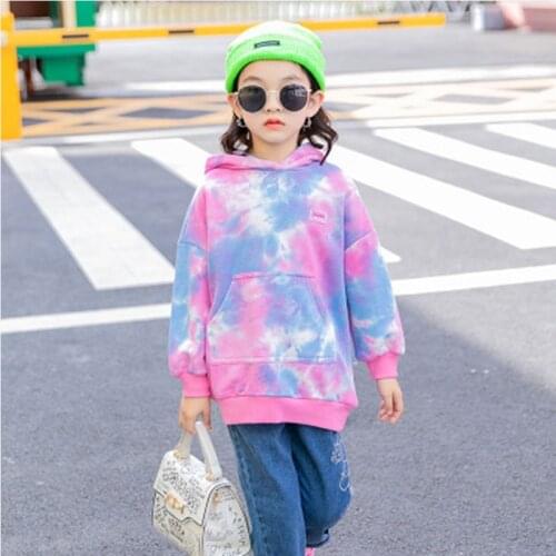 Childrens 2021 Girl pink tie dye hoodie teenage girl long sleeve hooded sweatshirt pullover tops fall toddler kids teen hoodie