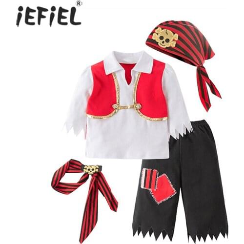 Kid Halloween Pirate Cosplay Costume Children Boys Anime Dress Up Waistband Scarf Tops and Trouser Fancy Clothes Set