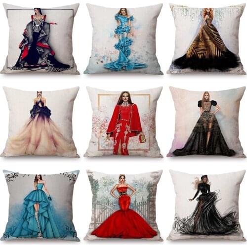 Double print Queen Girl Beautiful Dress Hand Drawing Sofa Throw Pillow Case Elegant Fashion Dress Linen Cushion Cover 45x45cm