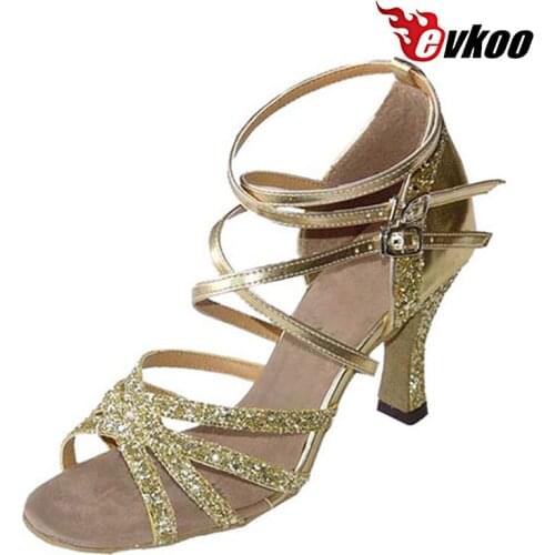 Evkoodance Black Golden Sliver Shiny With Pu Leather 7cm Heel Height High Quality Woman Latin Dance Shoes Evkoo-129