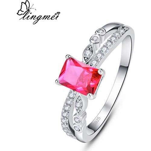 Lingmei Exquisite Fashion Women Men Silver ColorRing Red & Blue & White Zircon Silver Color Jewelry Size 6 7 8 9 Wedding Gifts