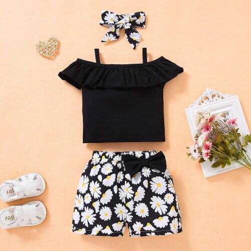 3PCS Set Kids Baby Girl Strap T-shirt Tops Floral Bow Shorts Bottom Headband Outfits Children Clothes