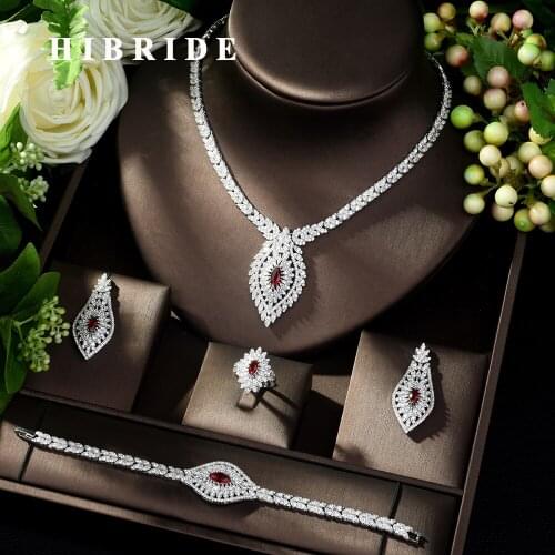 HIBRIDE Flower Water Drop Luxury Women Nigerian Wedding Jewelry Set Bride Cubic Zirconia Necklace Dubai 4PCS Dress Jewelry S076