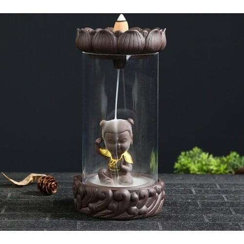 Backflow Cone Incense Burner Nezha Chan Waterfall Aromatherapy Censer with Acrylic Transparent Cover Indoor Home Decor