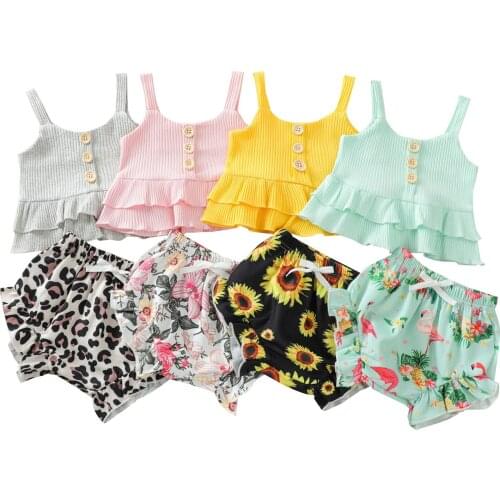 2 Pcs Infant Summer Outfits, Baby Girl Sleeveless Solid Color U-shaped Neck Ruffle Tank Top + Flamingo Print Shorts 4 Colors