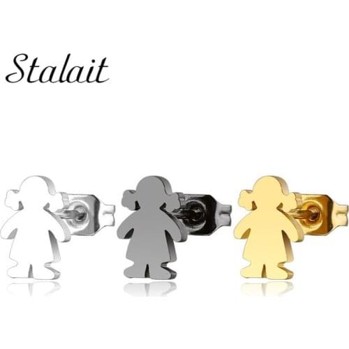 Mini Cute doll shape Titanium Steel Fine needle Stainless Steel Exquisite girl Gold Black Stud Earrings Womens Fine 2018 Gift