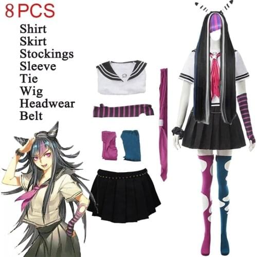 New Hot Women 8PCS Ibuki Mioda Cosplay Custome Dangan Ronpa 2 Goodbye Despair Shirt Dress Wig School Girl JK Uniform Halloween
