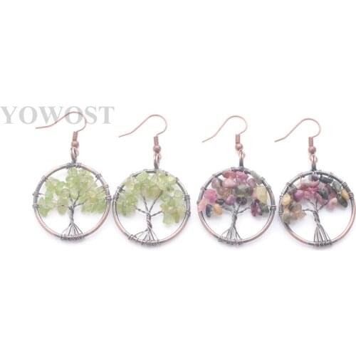 Wholesale 4 Pairs Drop Earring for Women Jewelry Gift Gravel Raw Gem Stone Tree of Life Retro Wire Wrap Ancient Copper QBR342