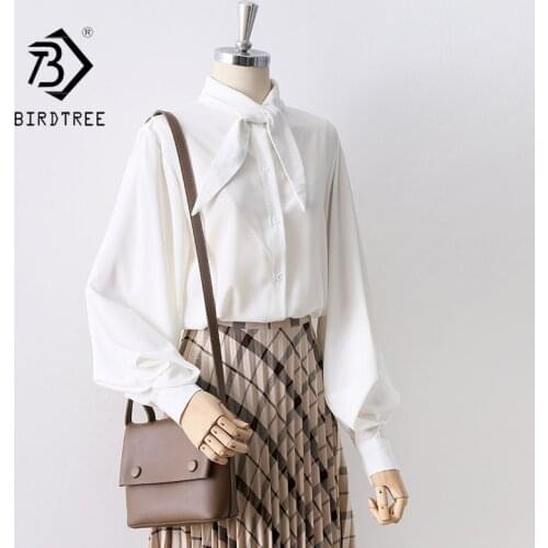 Autumn Women Vintage Big Lantern Sleeve Blouse Female Turn-Down Lace Up Collar Button Up Elegant White Shirt Fall Winter Tops