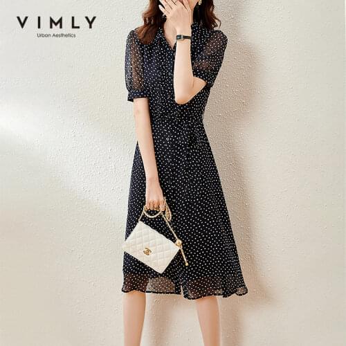 VIMLY Summer Dress For Women Elegant Puff Sleeve Office Ladies Vintage Dresses High Waist Bandage Dot Maxi Dresses Female F7799