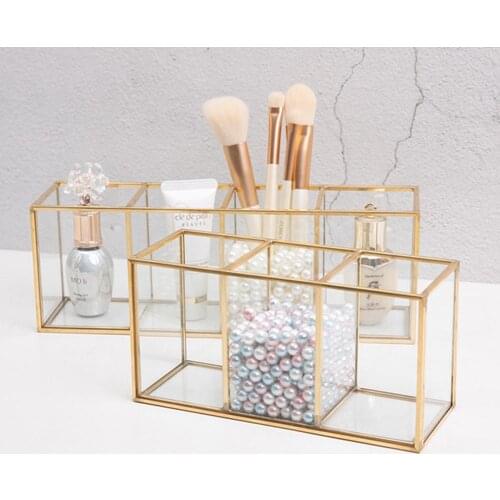 Transparent Glass Makeup Brush Storage Box Gold Cosmetics Container Ring Pencil Lipstick Holder Make Up Brushes Organizer