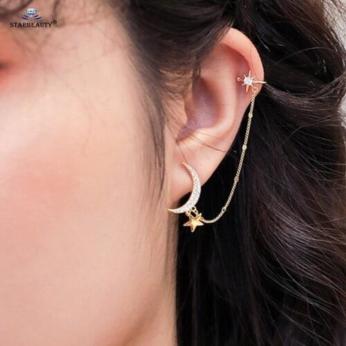 1pc Sparkling Rhinestone Moon Earring Stud Long Chain Earrings for Women Fake Ear Piercing Ear Cuff Sun Star Tassel Body Jewelry