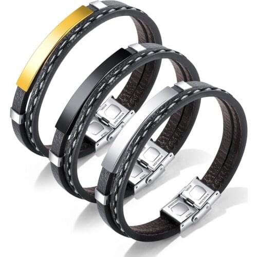 Special Gift Engravable Personalized Bracelets Stainless Steel Leather Bangles Custom Wristbands Unique Men Jewelry