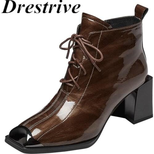 Drestrive Special Material Square Metal Toe Lace Up Women Ankle Boots Zipper 2021 Winter Shoes Thick High Heels