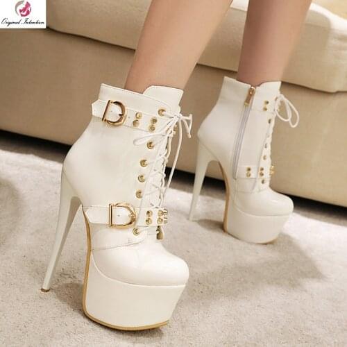 Women Sexy 17cm High Heels Ankle Boots For Women Platform PU Leather Winter Boots Red White Fetish Shoes Woman Large Size 33-48