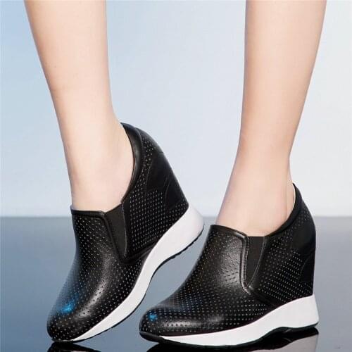 2021 Casual Shoes Women Genuine Leather Wedges High Heel Motorcycle Boots Female Round Toe Fashion Sneakers Platform Pumps Shoes