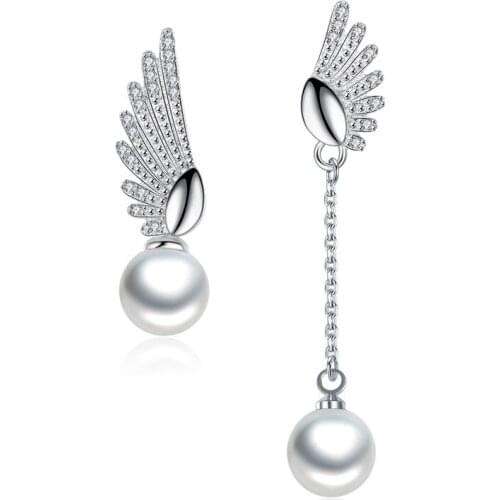 100% 925 sterling silver fashion pearl crystal asymmetric ladies`tassels stud earrings jewelry birthday gift wholesale