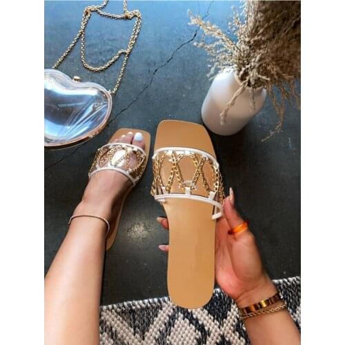 2021 summer new fashion sexy metal chain transparent square head open toe outdoor female slippers Plus Size