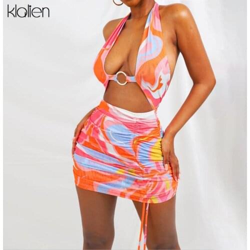 KLALIEN Sexy V Neck Low Chest Backless Halter Bandage Printed Mini Dress For Women Beach Vacation Seaside Bodycon Dresses